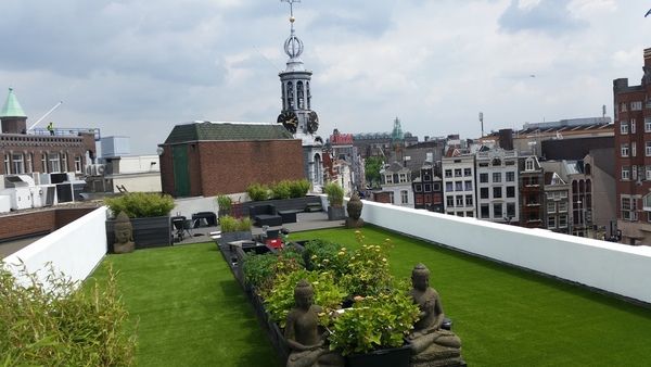 Uitzicht van een dakterras met kunstgras in Amsterdam